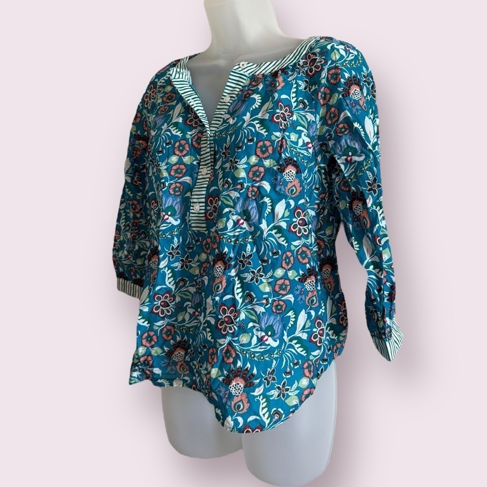 Talbots Blue Floral Popover Blouse 3/4 Sleeve Band Collar Petite S - Picture 6 of 8